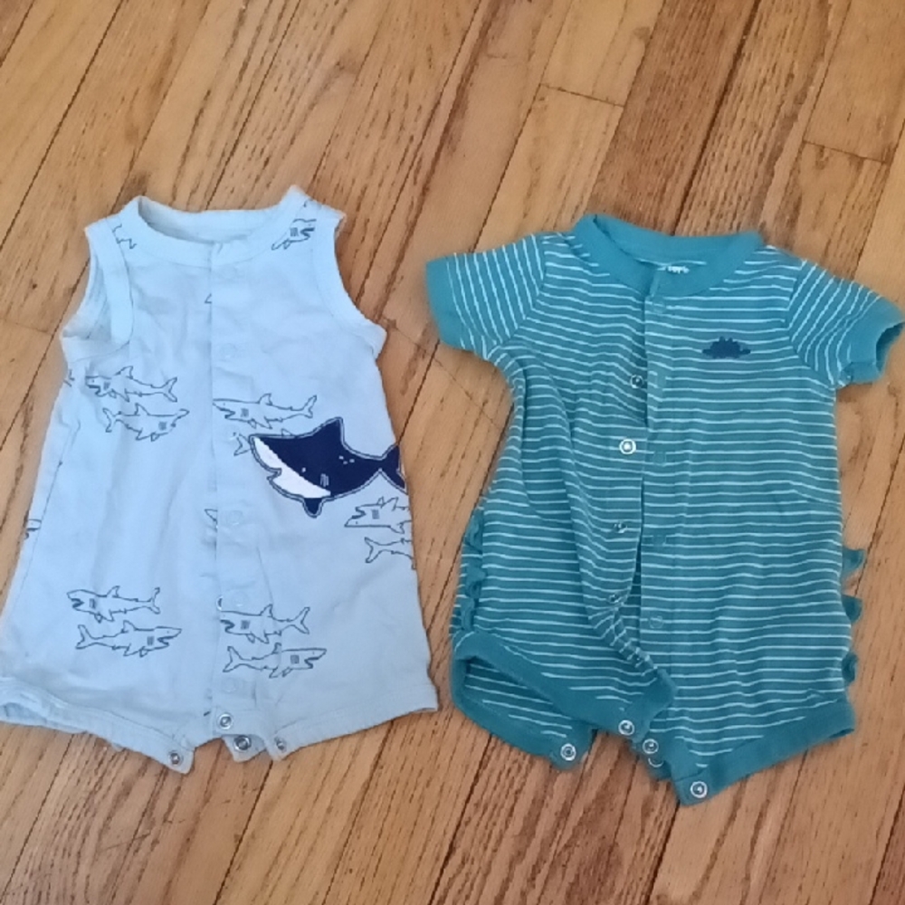 Carter's Light Blue Baby Romper w/ Shark Design & Green Striped Dinosaur Romper